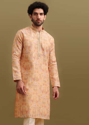 Yellow Printed Silk Zipper Kurta Set For Men