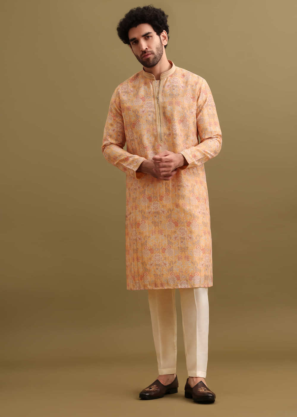 Yellow Printed Silk Zipper Kurta Set For Men