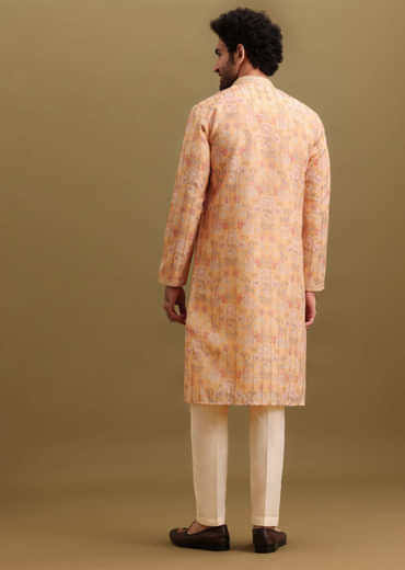 Yellow Printed Silk Zipper Kurta Set For Men