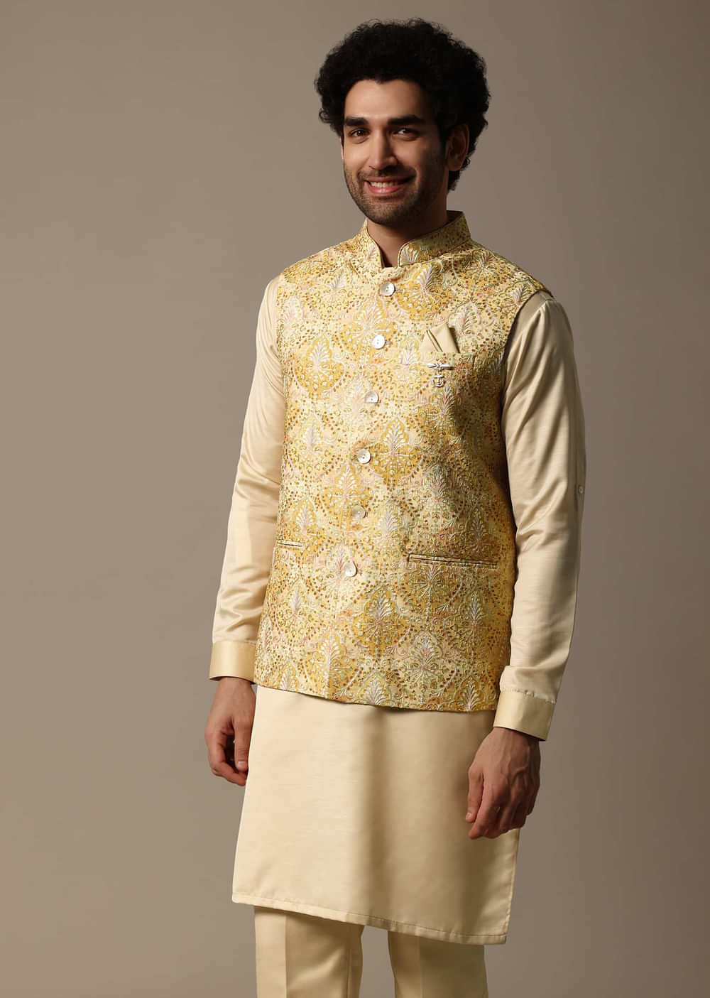 Yellow Resham Work Kurta Jacket Set For Men