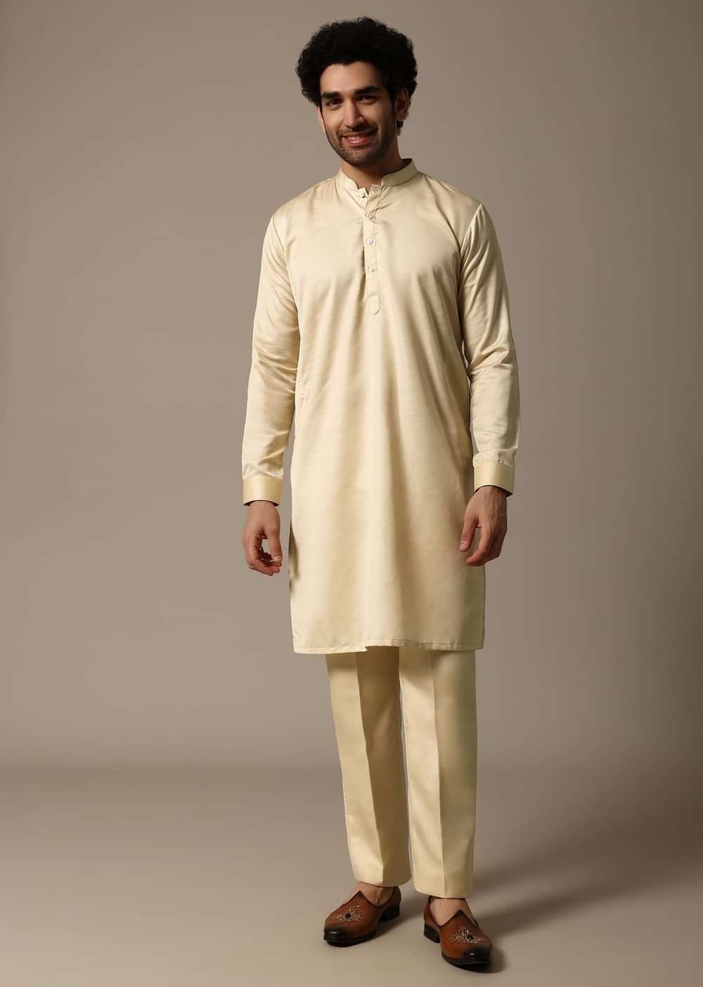 Yellow Resham Work Kurta Jacket Set For Men