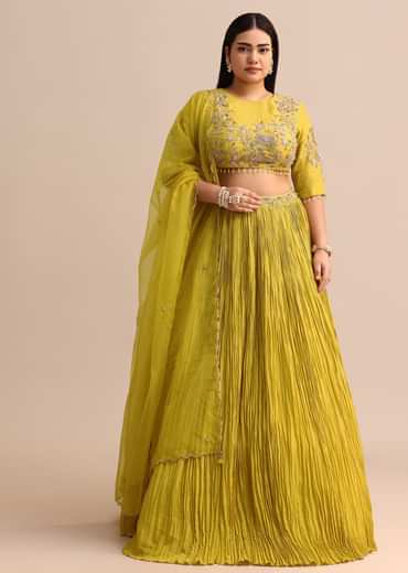 Yellow Ruched Lehenga With Embroidered Blouse And Dupatta