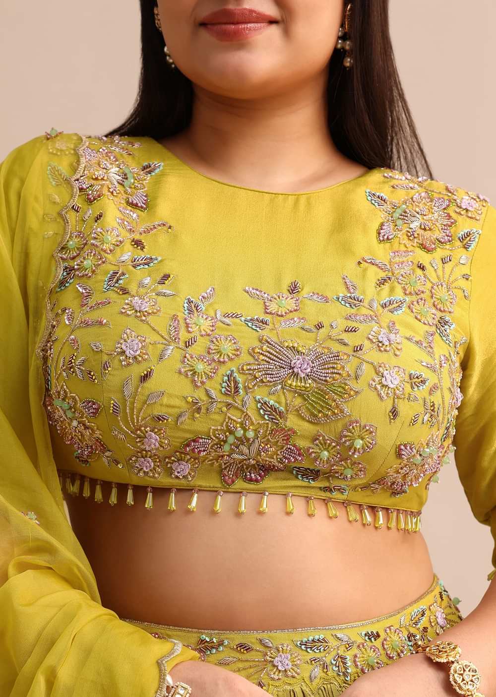 Yellow Ruched Lehenga With Embroidered Blouse And Dupatta