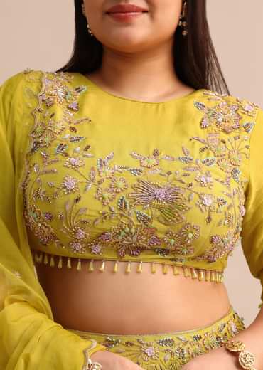 Yellow Ruched Lehenga With Embroidered Blouse And Dupatta