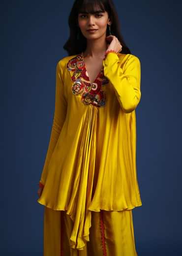 Yellow Satin Kurta And Dhoti Set