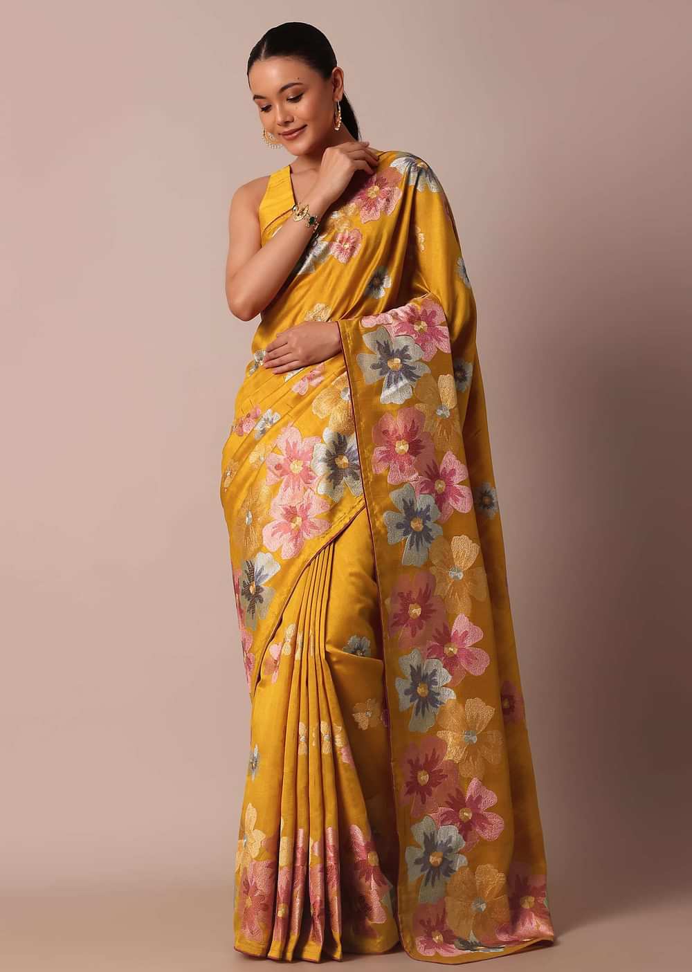 Yellow Semi Tussar Silk Saree With Resham Thread Artistry
