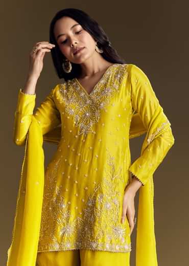 Yellow Sharara Suit With Cut Dana Sequins