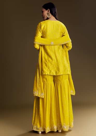 Yellow Sharara Suit With Cut Dana Sequins
