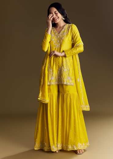 Yellow Sharara Suit With Cut Dana Sequins