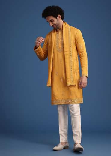 Yellow Silk Blend Kurta Pant With Dupatta
