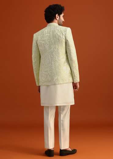 Yellow Silk Indo Western And Kurta Set With French Knots
