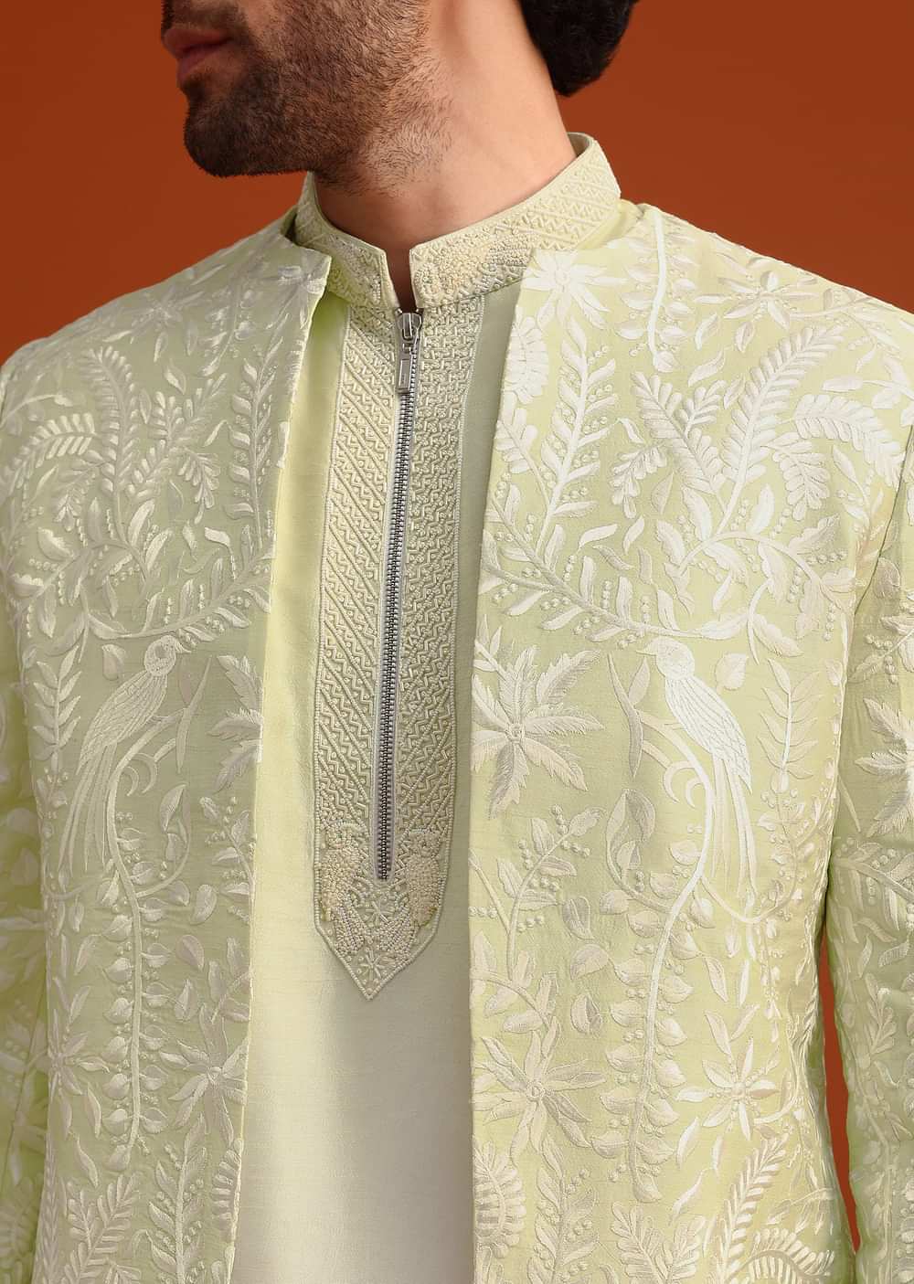 Yellow Silk Indo Western And Kurta Set With French Knots