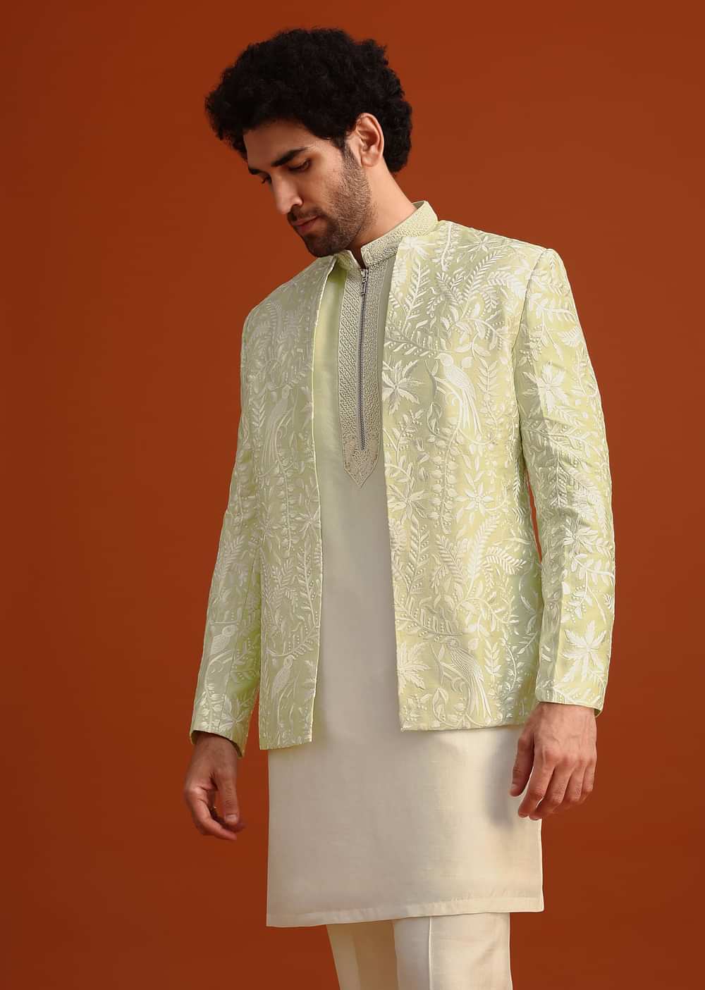 Yellow Silk Indo Western And Kurta Set With French Knots
