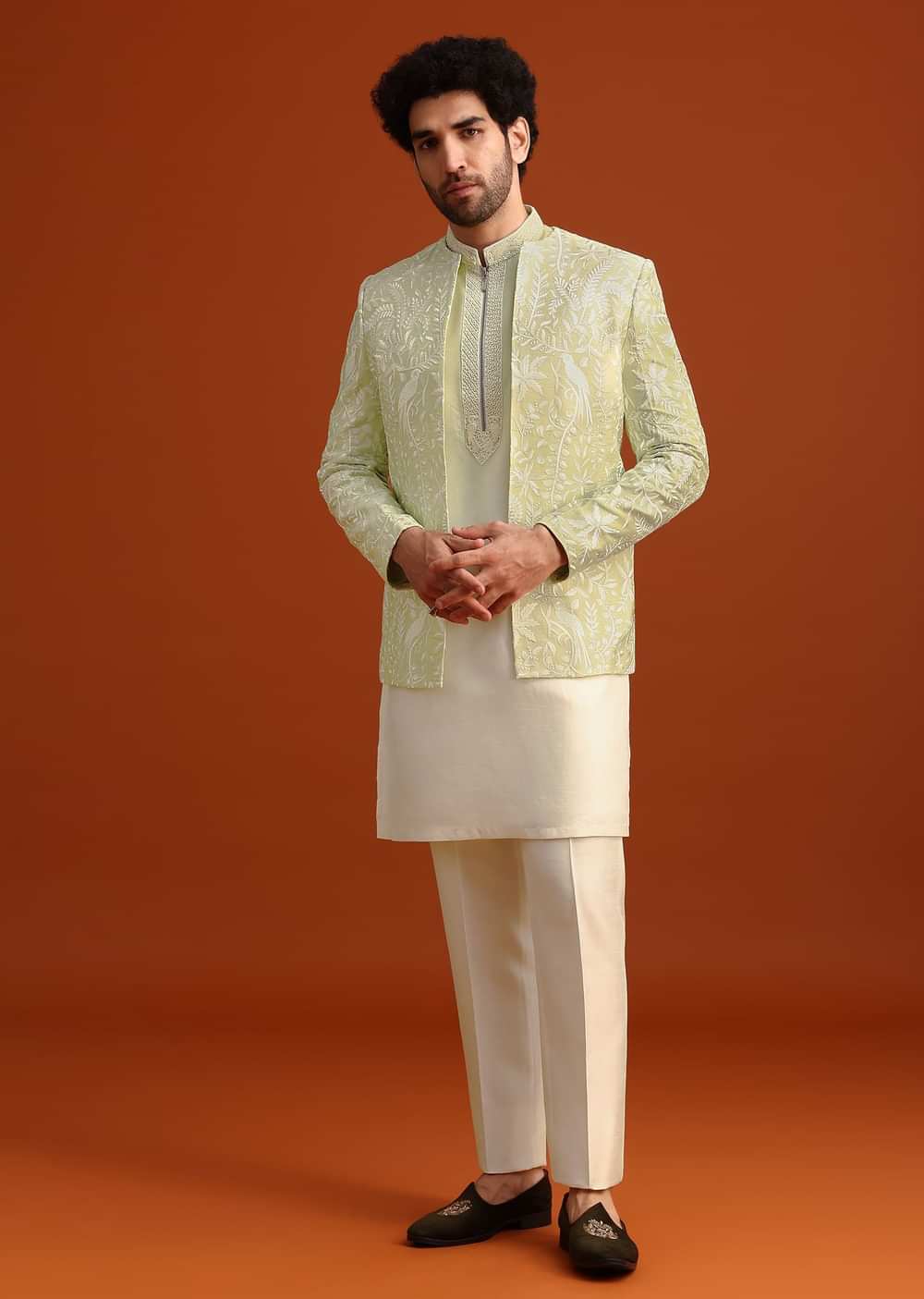 Yellow Silk Indo Western And Kurta Set With French Knots