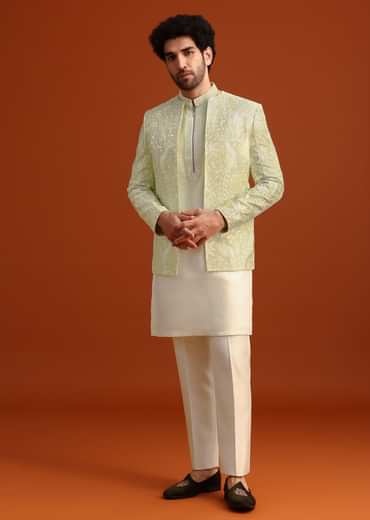 Yellow Silk Indo Western And Kurta Set With French Knots