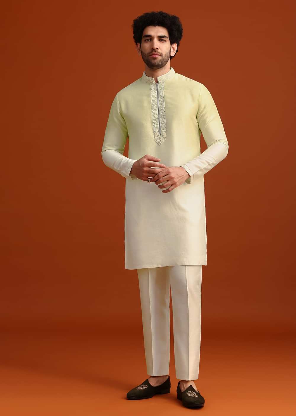 Yellow Silk Indo Western And Kurta Set With French Knots