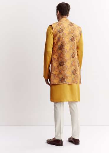 Yellow Silk Jacket Kurta Set With Floral Printed Motifs