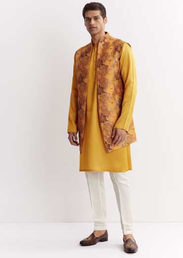 Yellow Silk Jacket Kurta Set With Floral Printed Motifs
