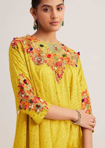 Yellow Silk Kurta Dhoti Set With Resham Embroidery And Tassel Details