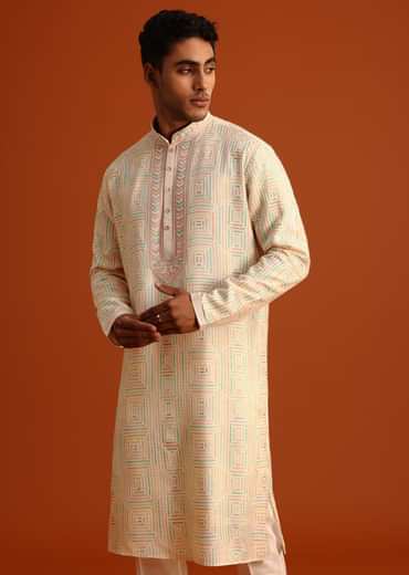 Yellow Silk Kurta Pant Set With Hand Work on Yoke