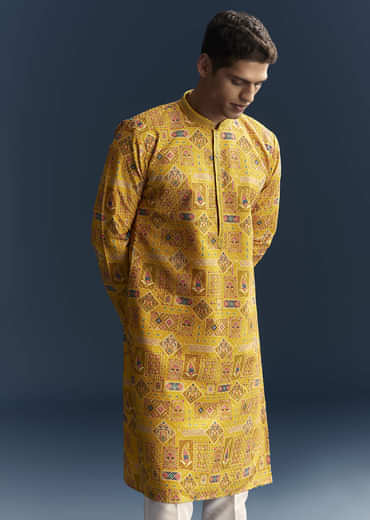 Yellow Silk Kurta Set For Men With Heavy Hand Embroidery