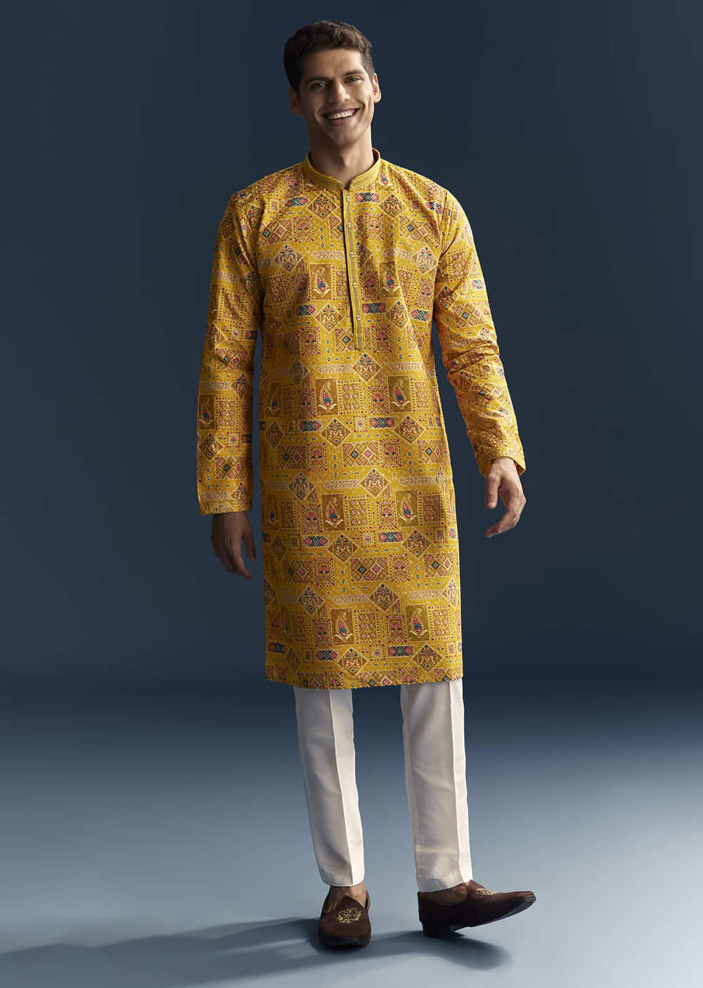 Yellow Silk Kurta Set For Men With Heavy Hand Embroidery