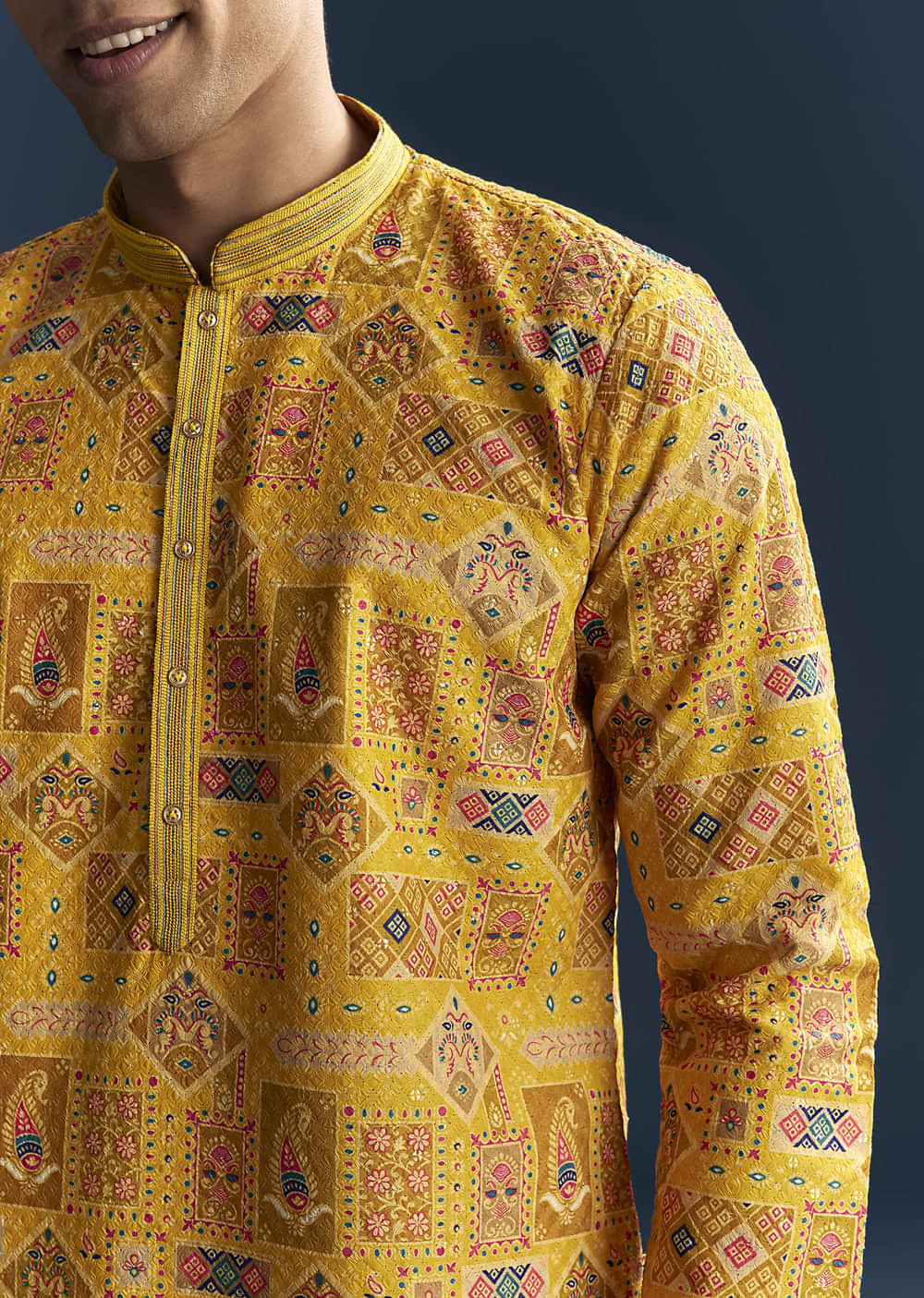 Yellow Silk Kurta Set For Men With Heavy Hand Embroidery