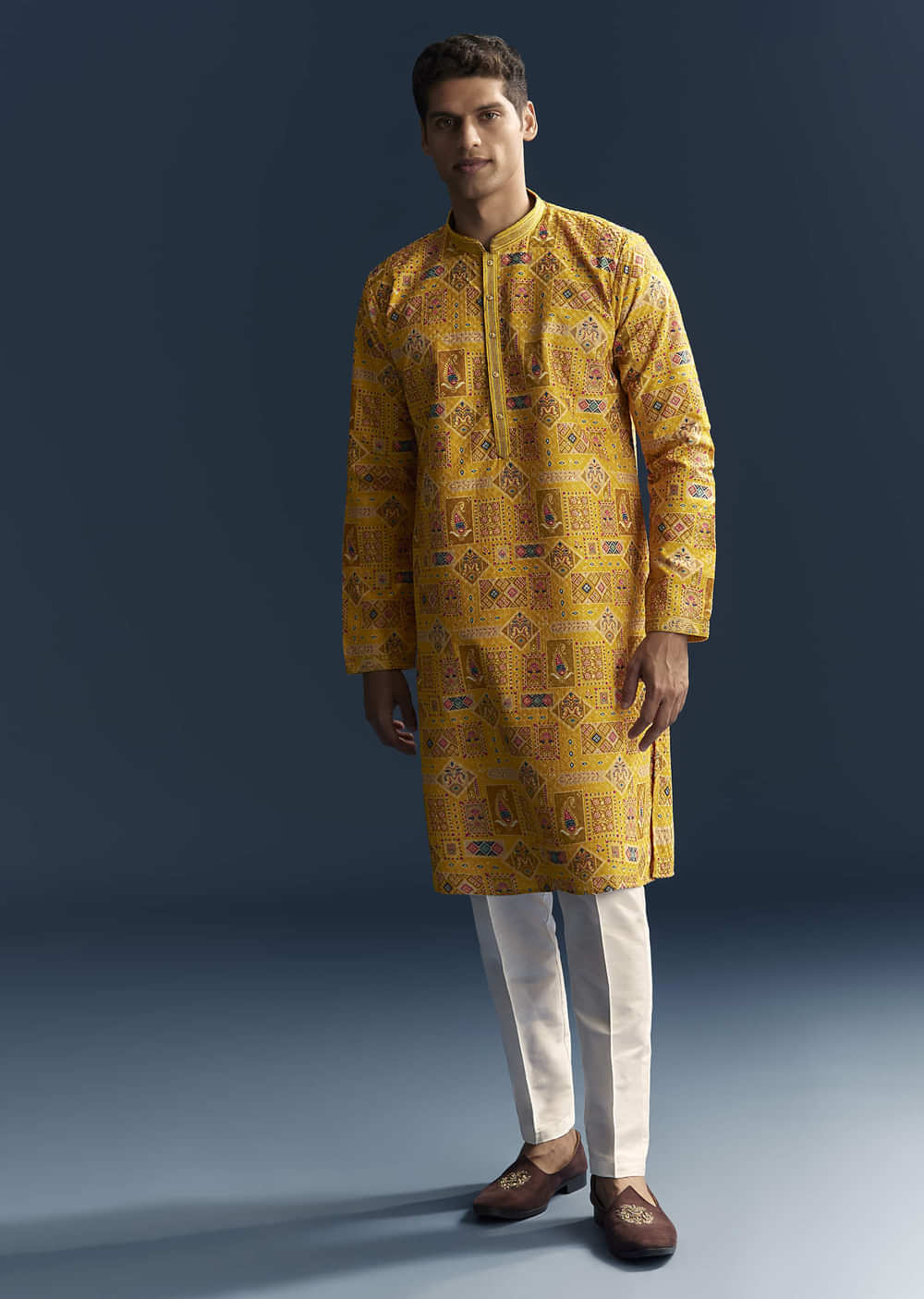 Yellow Silk Kurta Set For Men With Heavy Hand Embroidery