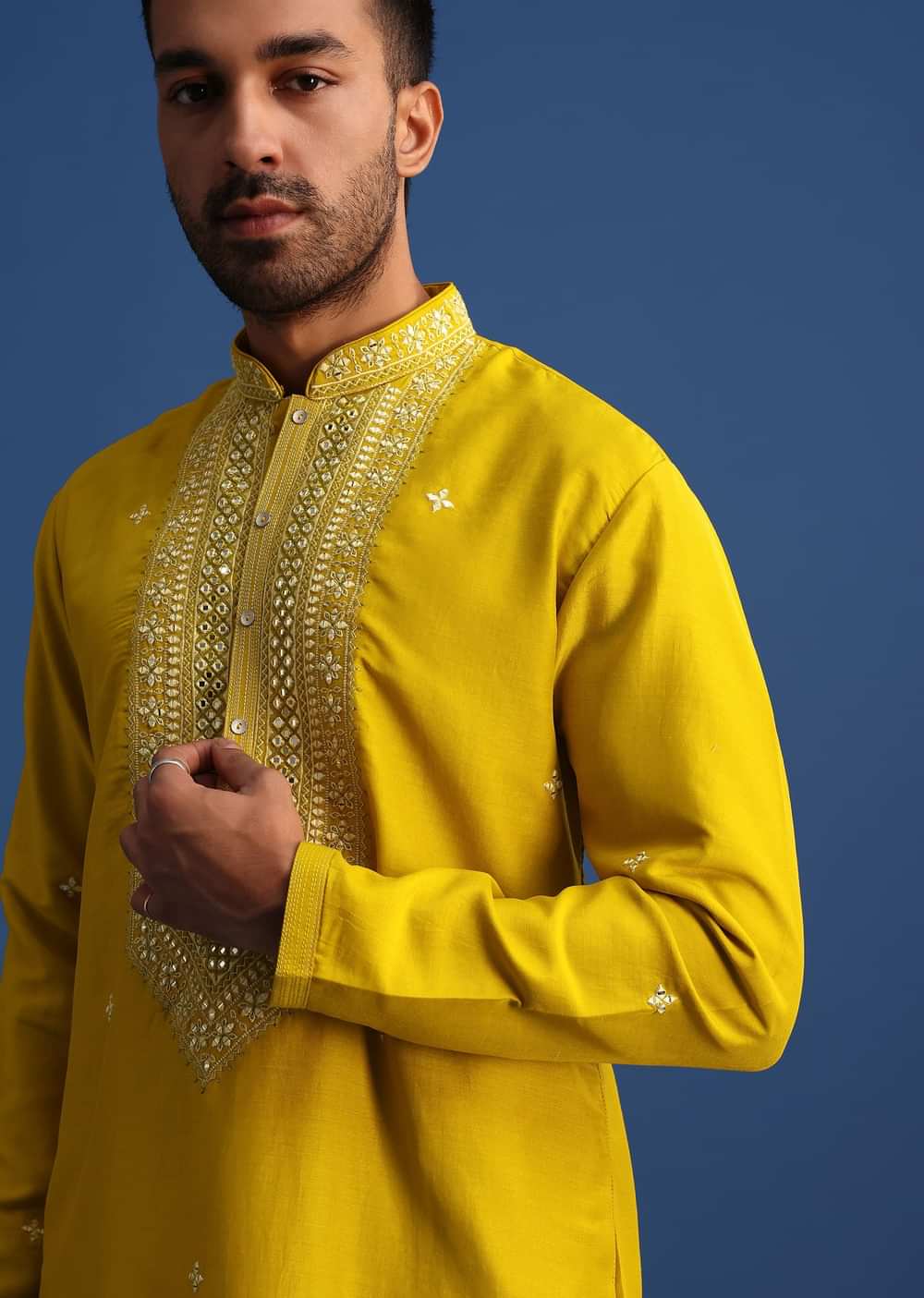 Yellow Silk Kurta Set With Mirror Embroidery