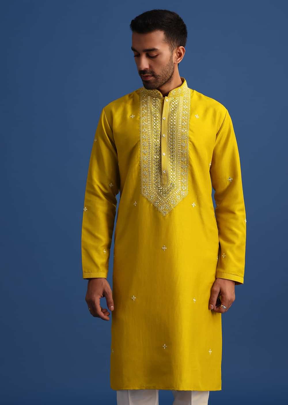 Yellow Silk Kurta Set With Mirror Embroidery