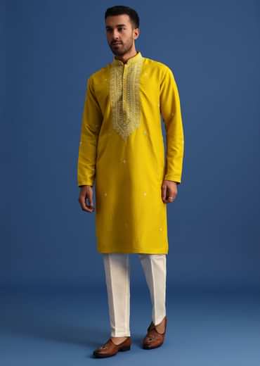 Yellow Silk Kurta Set With Mirror Embroidery