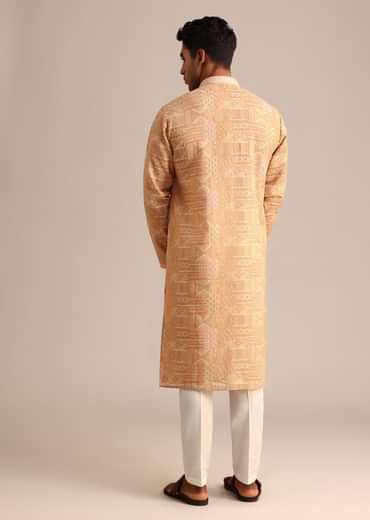 Yellow Silk Kurta Set With Printed Work