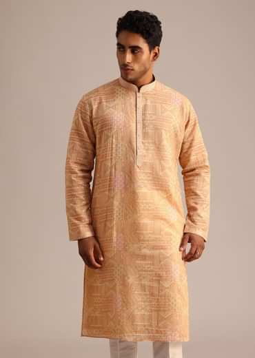 Yellow Silk Kurta Set With Printed Work