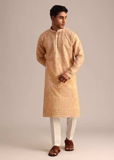 Yellow Silk Kurta Set With Printed Work