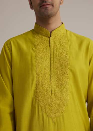 Yellow Silk Kurta With Thread Embroidery