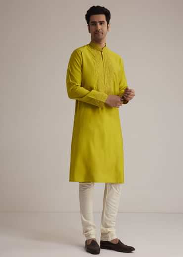 Yellow Silk Kurta With Thread Embroidery