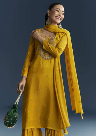 Yellow Silk Sharara Suit With Zardosi And Sequins Embroidery