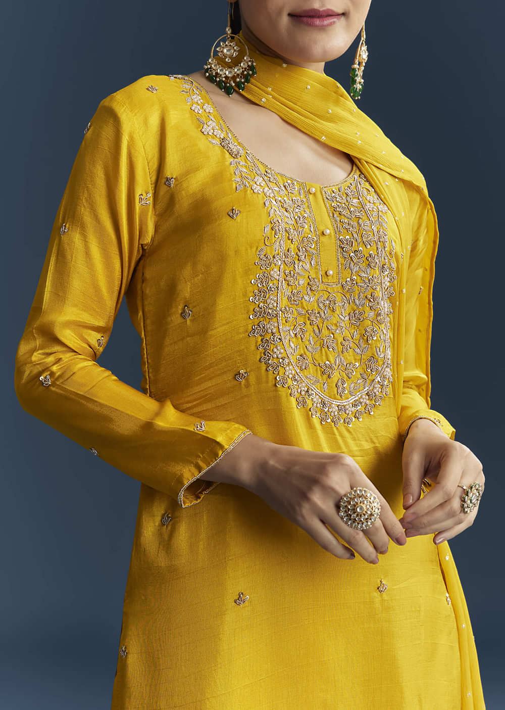 Yellow Silk Sharara Suit With Zardosi And Sequins Embroidery