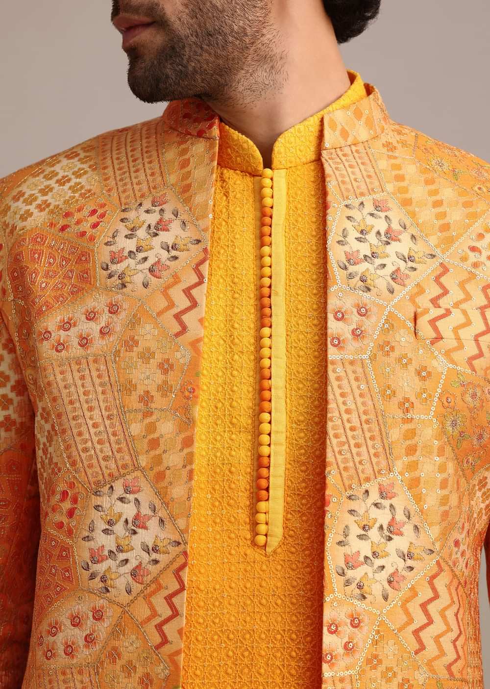 Yellow Silk Thread Resham Work Jodhpuri Kurta Set