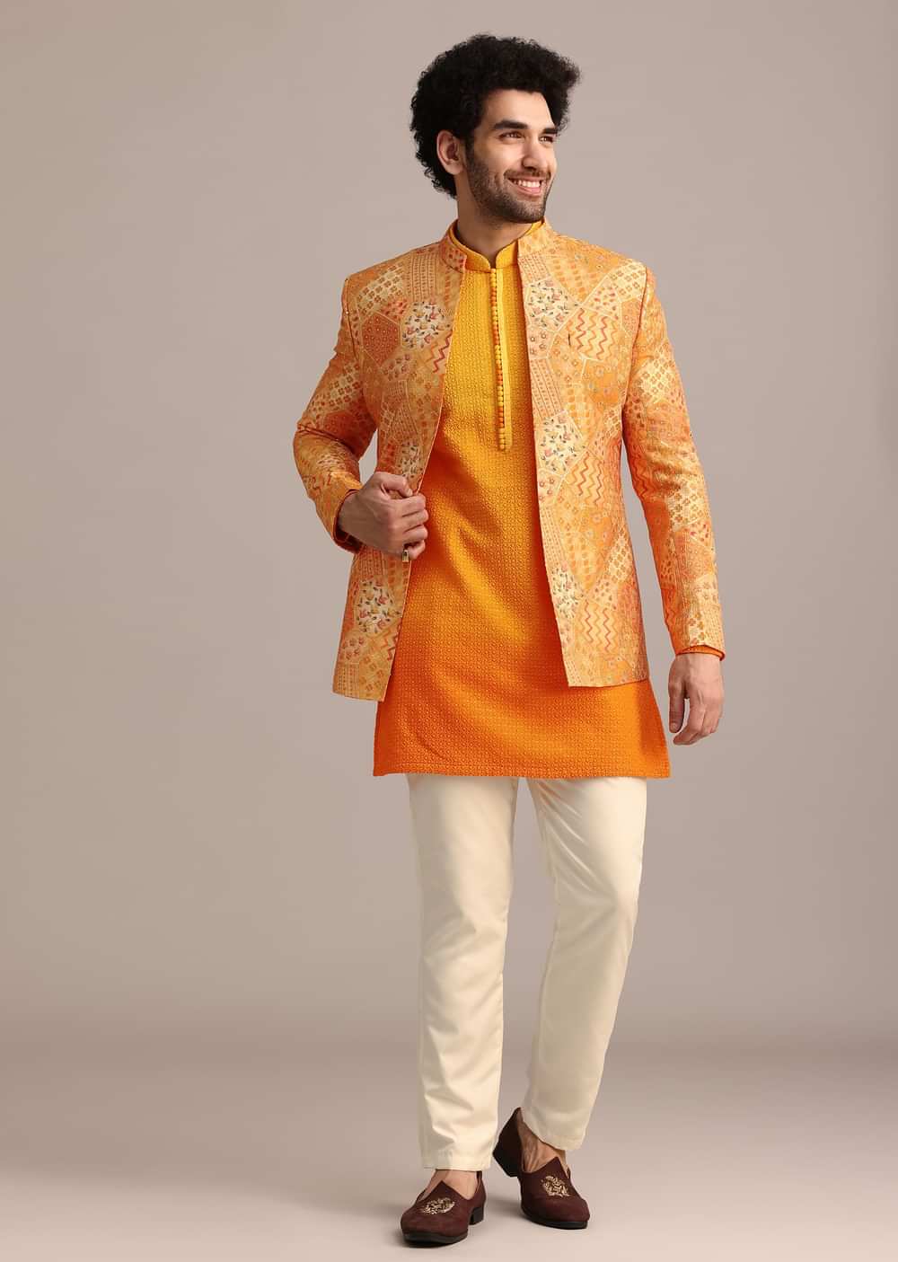 Yellow Silk Thread Resham Work Jodhpuri Kurta Set