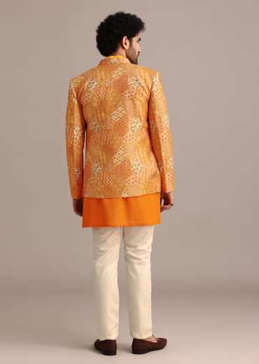 Yellow Silk Thread Resham Work Jodhpuri Kurta Set