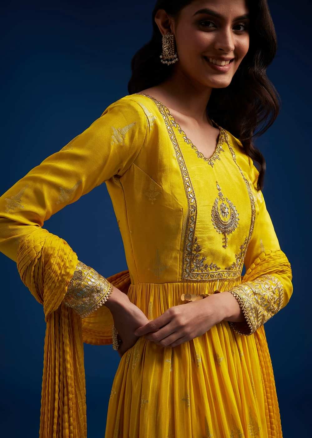 Yellow Tissue Anarkali Set With Gotta Work