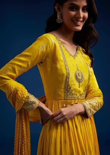 Yellow Tissue Anarkali Set With Gotta Work