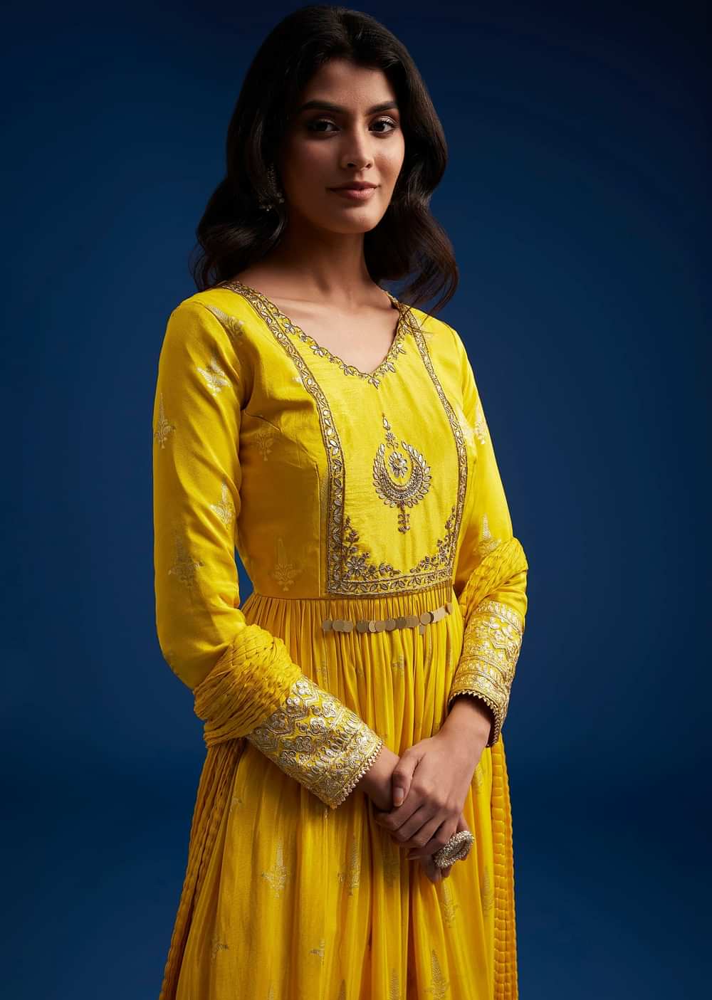 Yellow Tissue Anarkali Set With Gotta Work