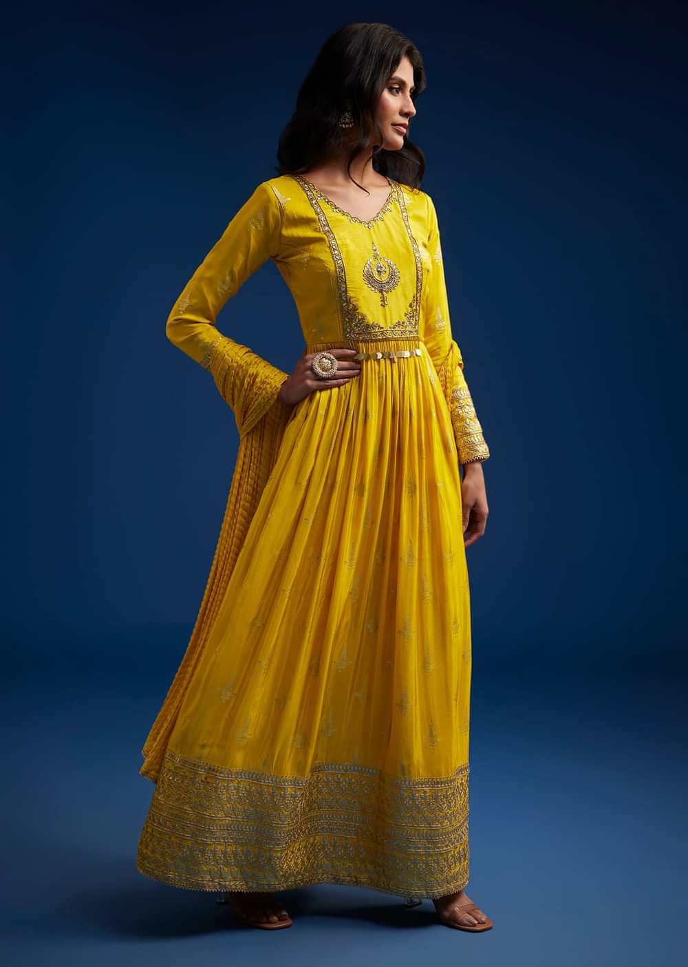 Yellow Tissue Anarkali Set With Gotta Work