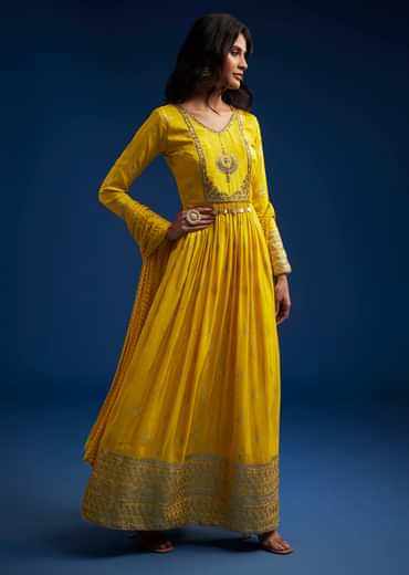 Yellow Tissue Anarkali Set With Gotta Work