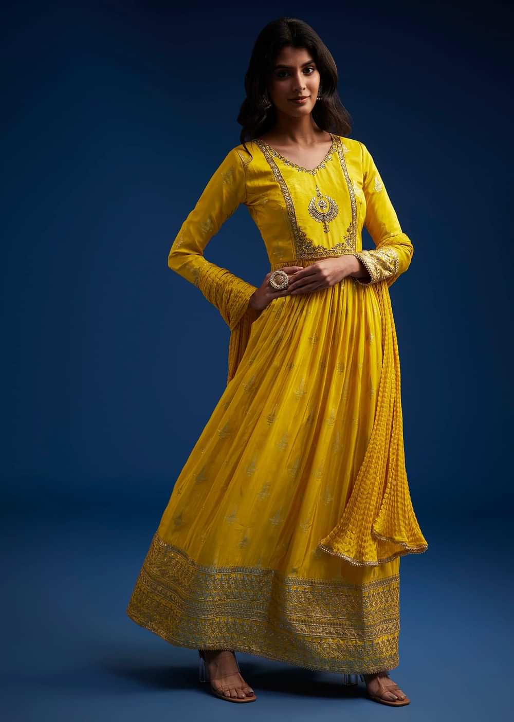 Yellow Tissue Anarkali Set With Gotta Work