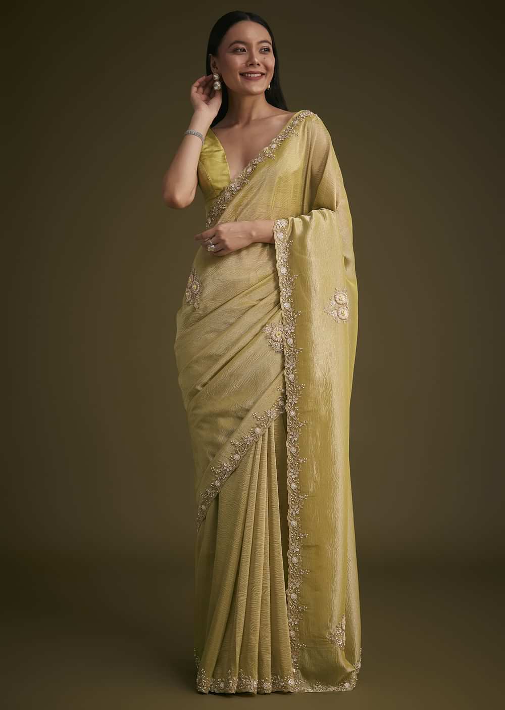Yellow Tissue Saree With Floral Embroidery