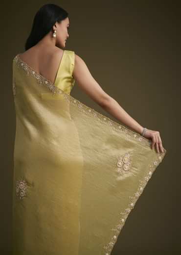 Yellow Tissue Saree With Floral Embroidery