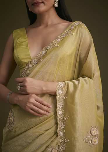 Yellow Tissue Saree With Floral Embroidery